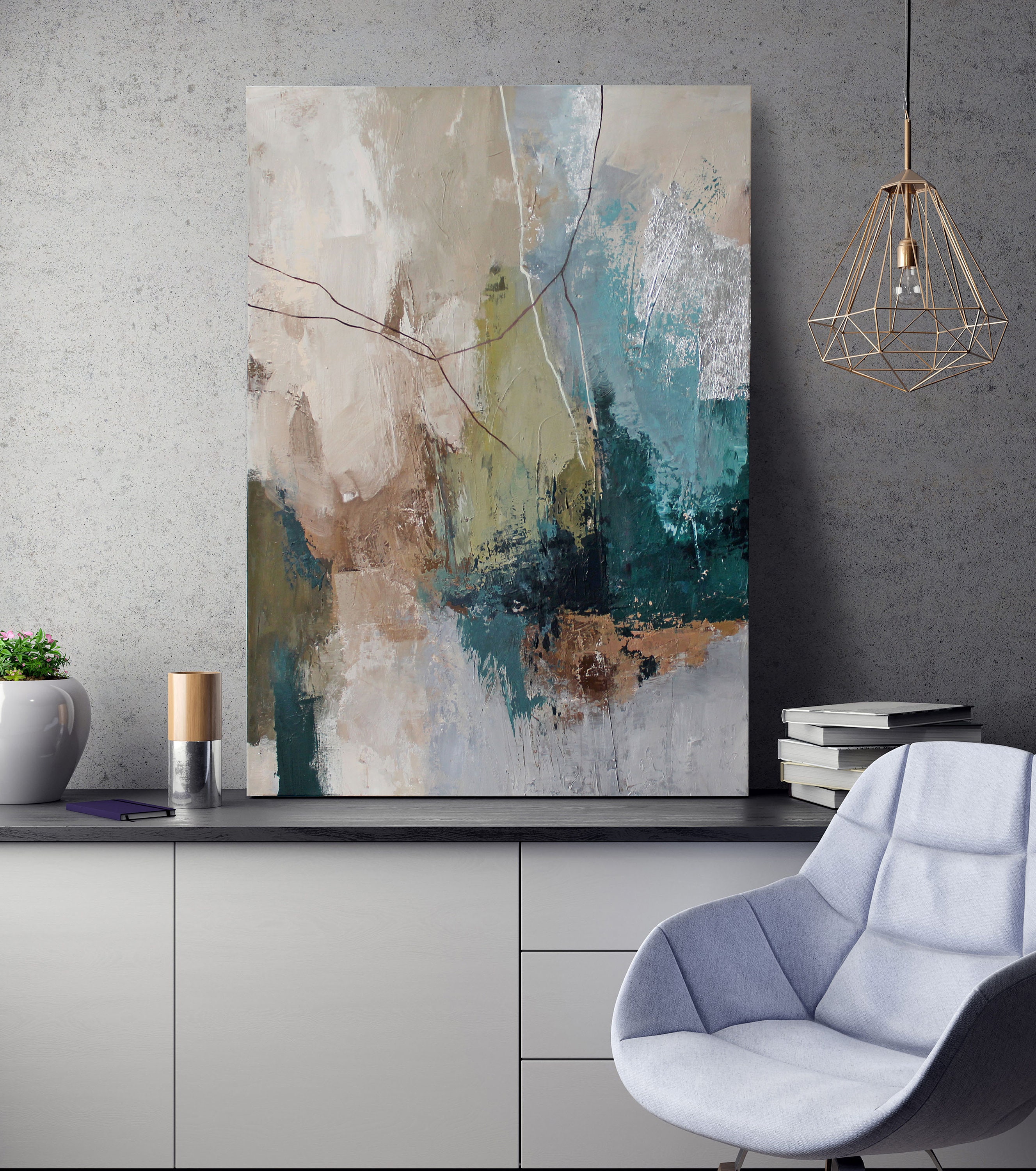 Painting Teal Green Abstract Blue Wall Art Blue Silver Etsy