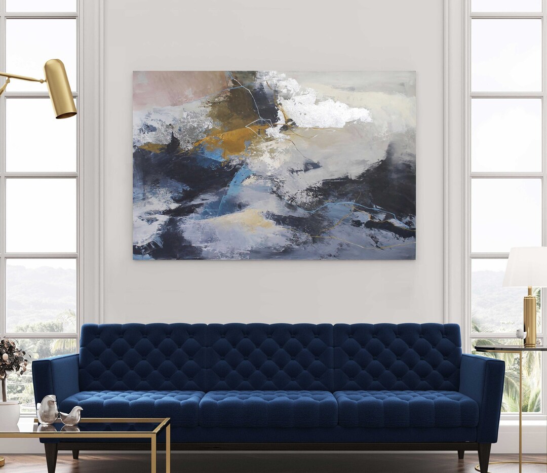 Painting Navy Silver Art Navy Abstract Painting Blue Silver Wall Art