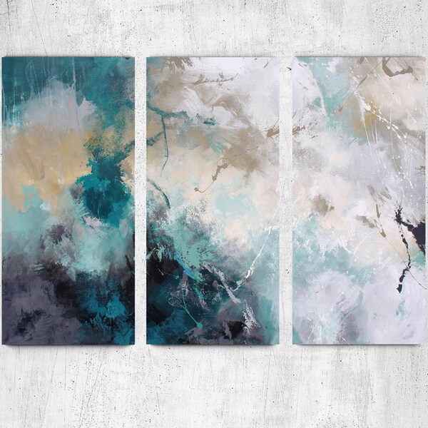 Art mural triptyque | Triptyque abstrait vert | Ensemble de 3 peintures originales | Triptyque Abstrait | Art mural triptyque abstrait bleu sarcelle | Tempête de sable