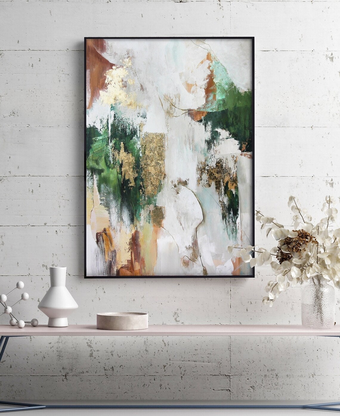 緑の抽象画 | 緑と金の絵画 | 緑と金の壁アート | エメラルドグリーン