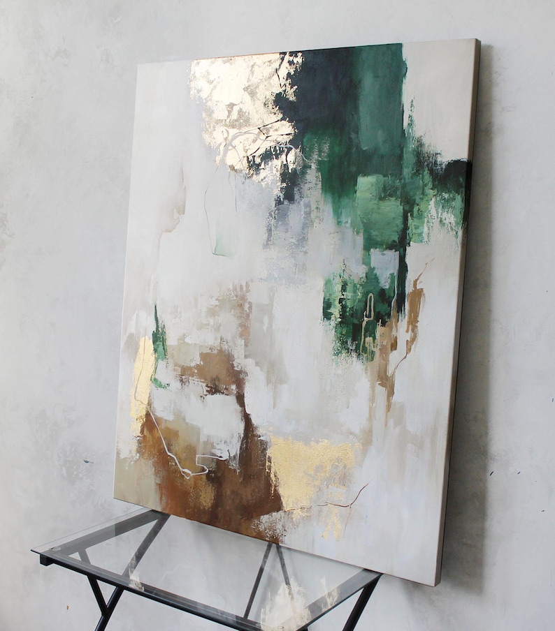 Green White and Gold Abstract Painting on Canvas | Original Modern ...