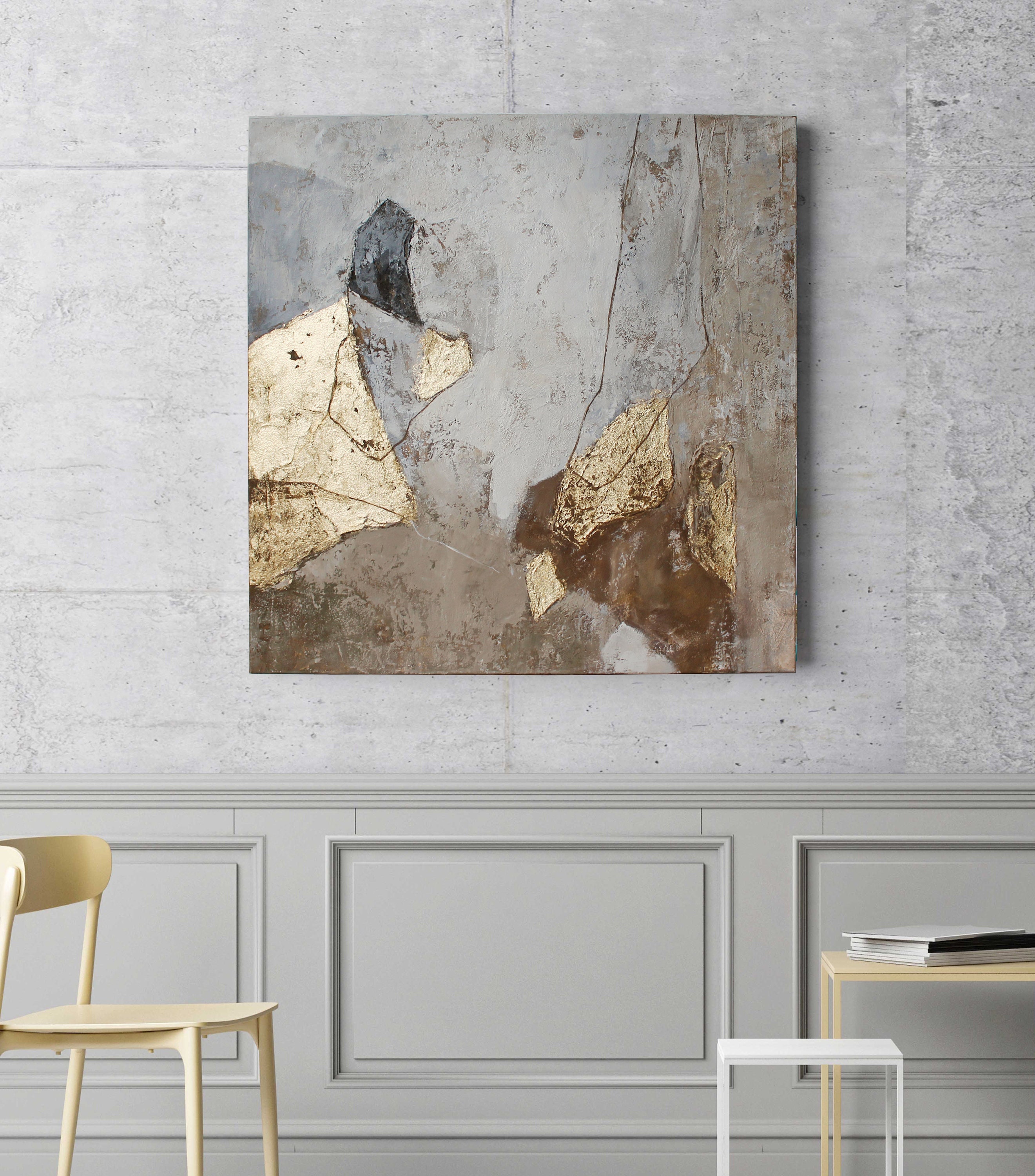 ベージュゴールドの抽象画 | クリームゴールドグレーの抽象画