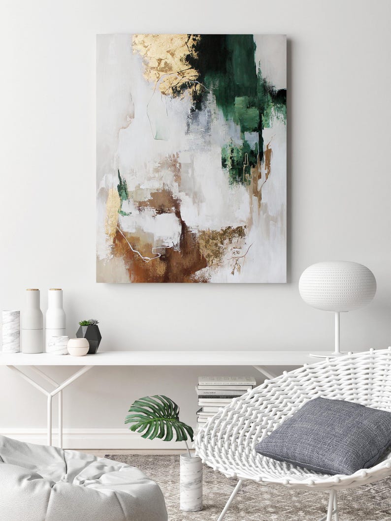 Green White and Gold Abstract Painting on Canvas | Original Modern ...