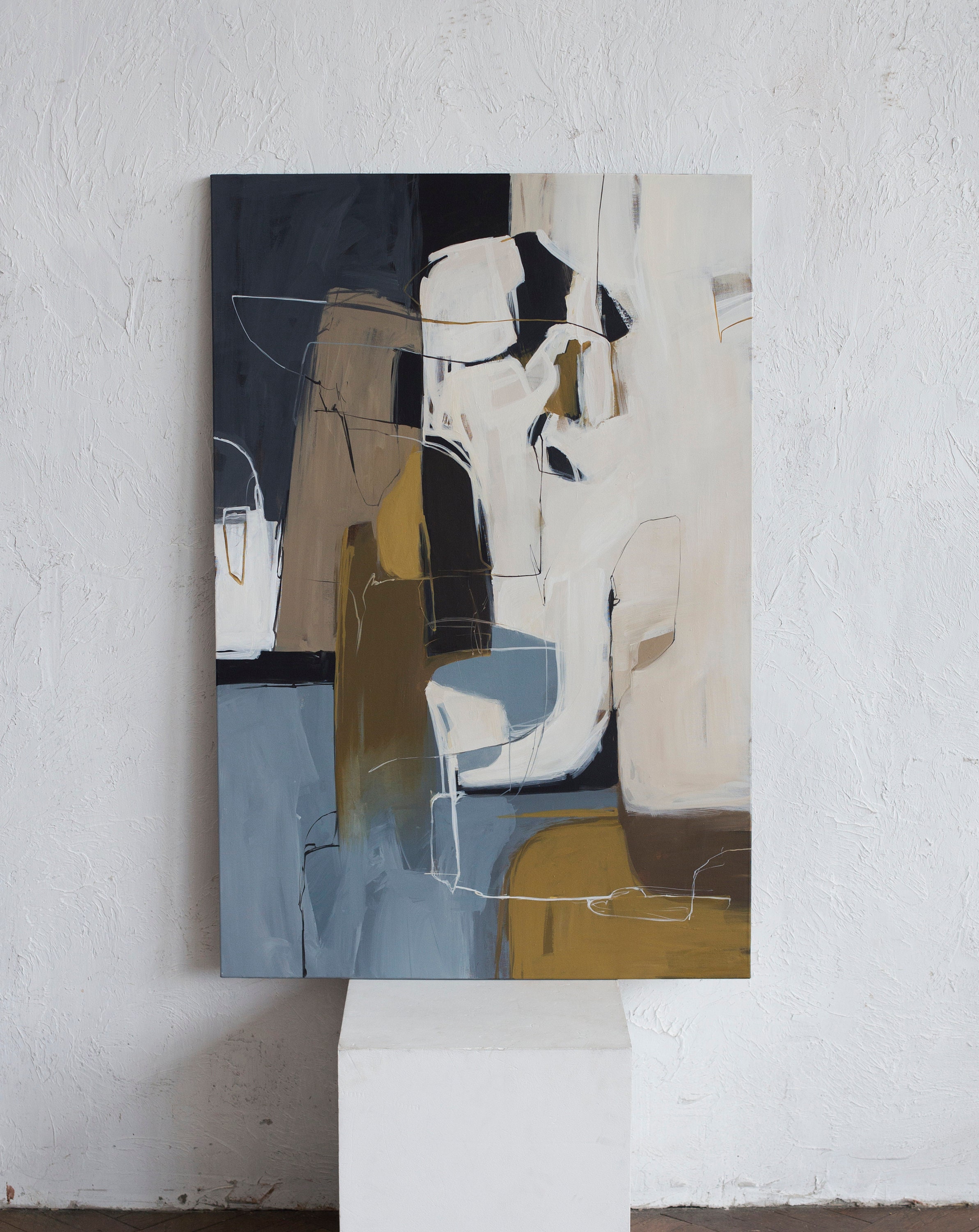 ブラウンブルーの絵画 | 青茶色の壁アート | 茶色の抽象画 | 白茶色の