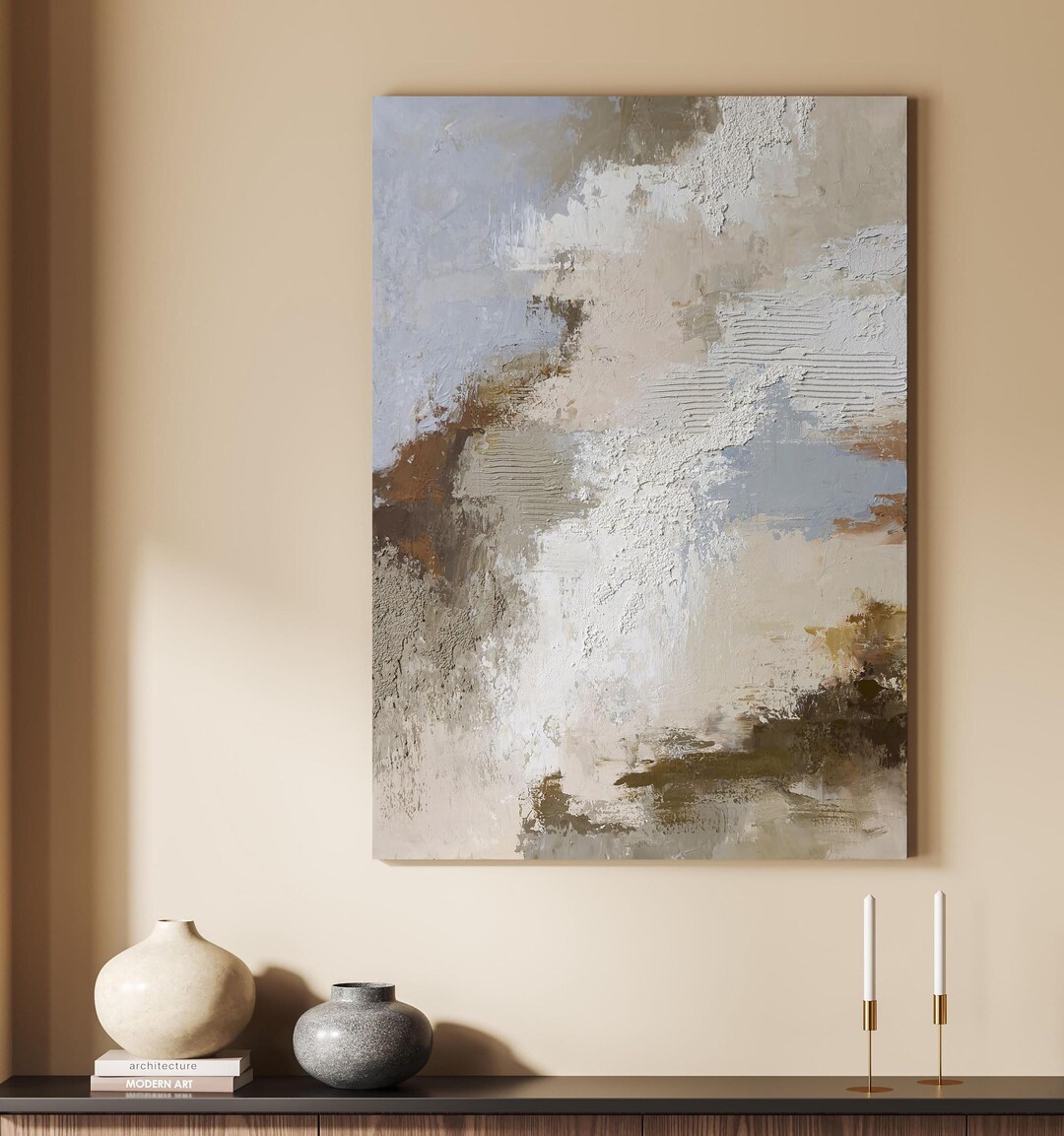 抽象的なブルーグレーのキャンバス画 | アクリル画 ブルーベージュの