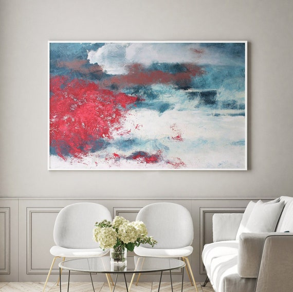 赤と青の抽象キャンバス絵画 — アクリル画 | 霧 - Etsy 日本