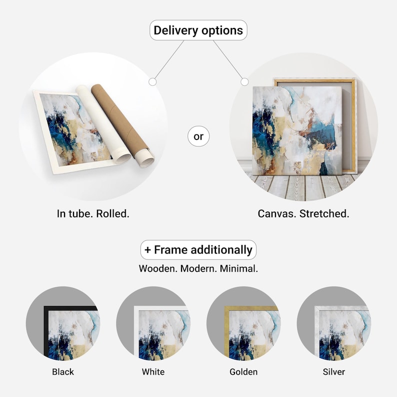 May include: A painting with abstract shapes in shades of blue, white, and gold. The painting is available in a rolled tube or stretched on a canvas. Optional wooden frames are available in black, white, golden, or silver.