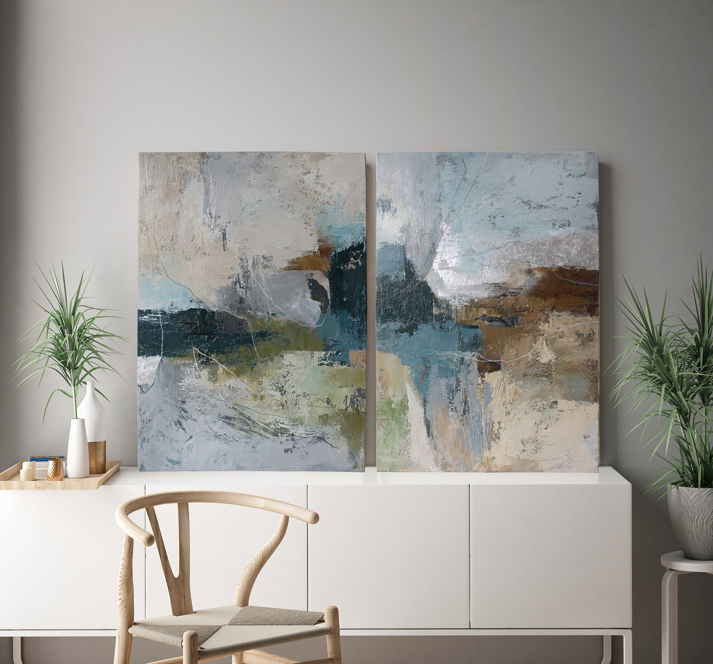 Abstract Blue Green Painting Canvas | Blue and Brown Abstract Painting | Abstract painting set of 2 | Abstract Painting Blue Green |Fall Set
