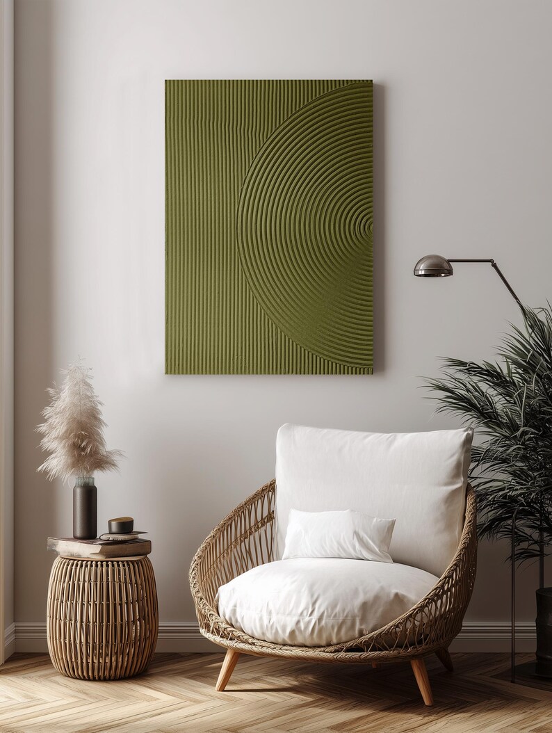 Olive Green Textured Wall Art - Japandi Circle Combed Plaster Canvas