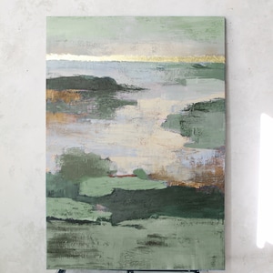 May include: Abstract landscape painting with green, blue, and gold hues. The painting features a series of horizontal brushstrokes, creating a sense of depth and movement. The gold accents add a touch of luxury and sophistication.