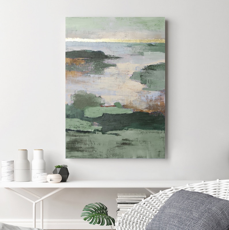 May include: Abstract landscape painting with green, brown, and white brushstrokes. The painting has a textured surface and a gold accent.