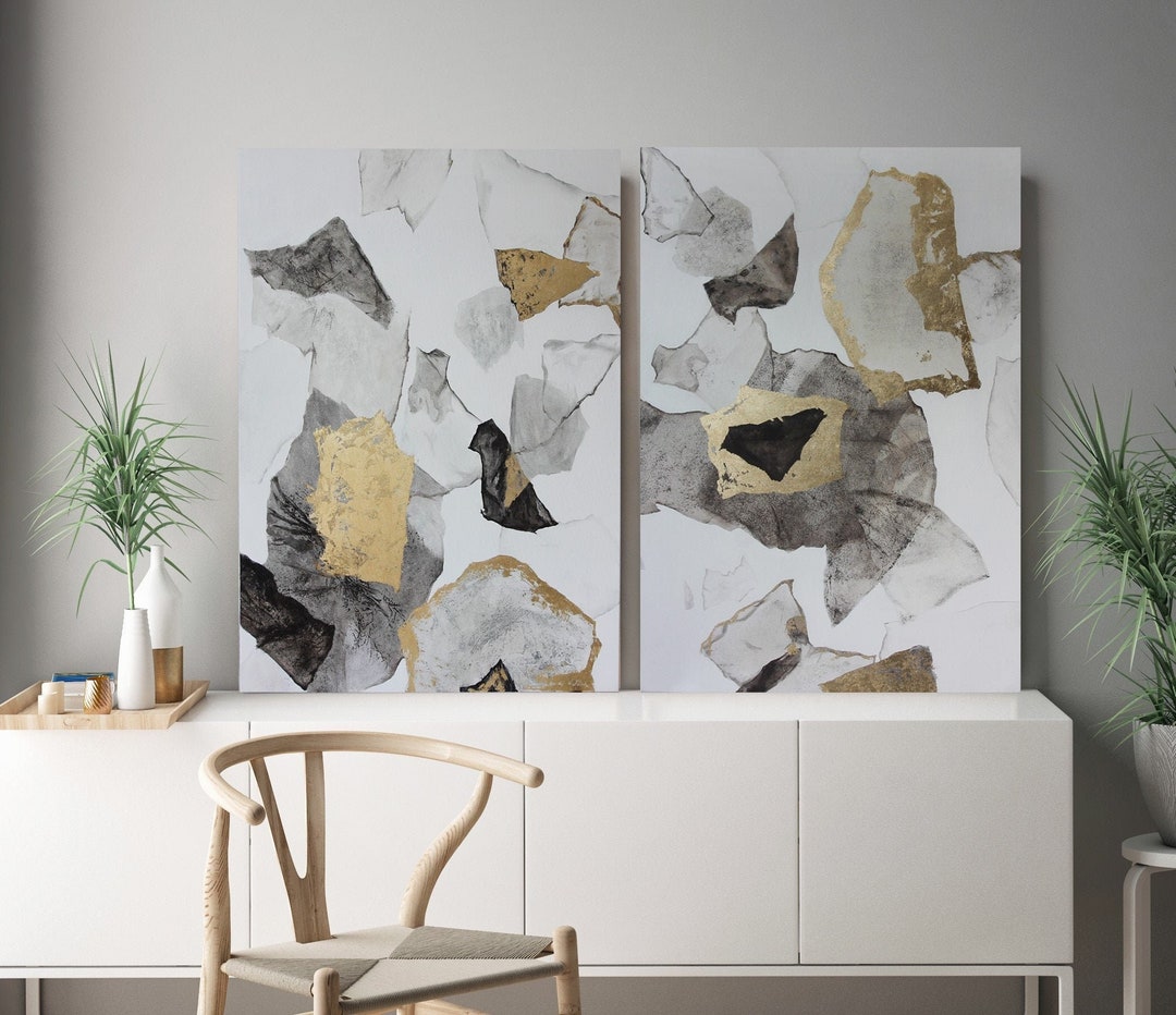 Gold Painting Gold and Gray Painting Gold Gray Abstract Gold Set of 2