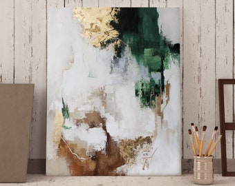 Green White and Gold Abstract Painting on Canvas | Original Modern Artwork | Acrylic abstract | Art Deco painting | Green Flux 2