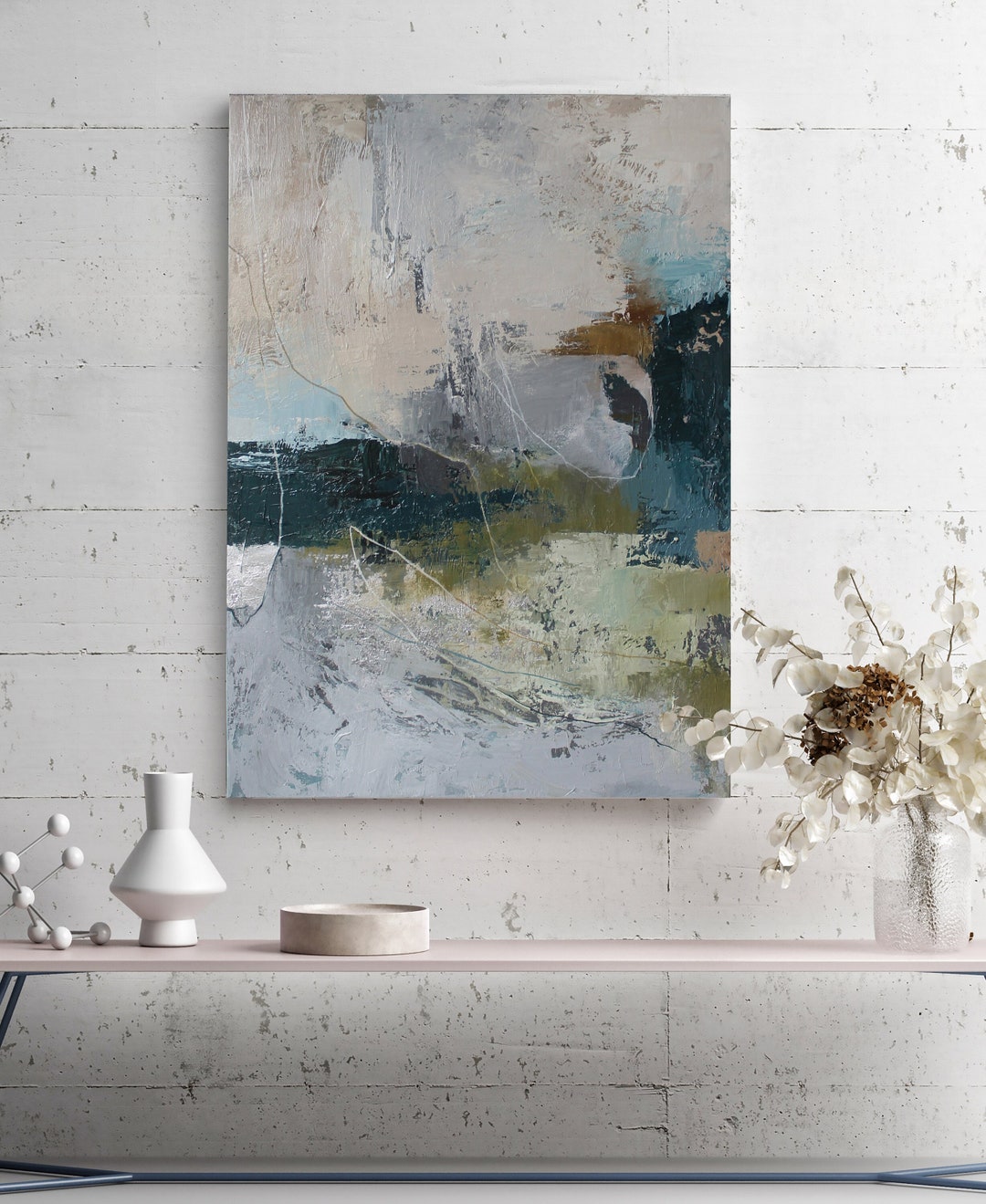Painting Blue and Green Grey Blue Green Art Teal Abstract Gray Brown