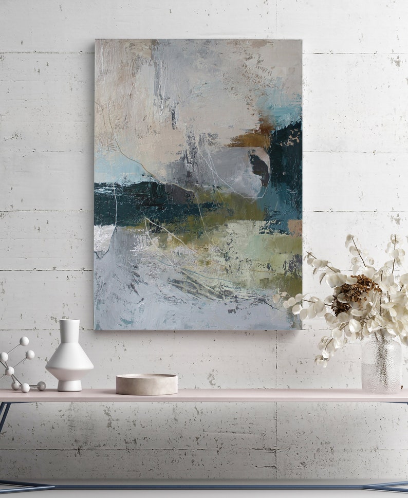 Painting Blue and Green Grey Blue Green Art Teal Abstract Gray Brown