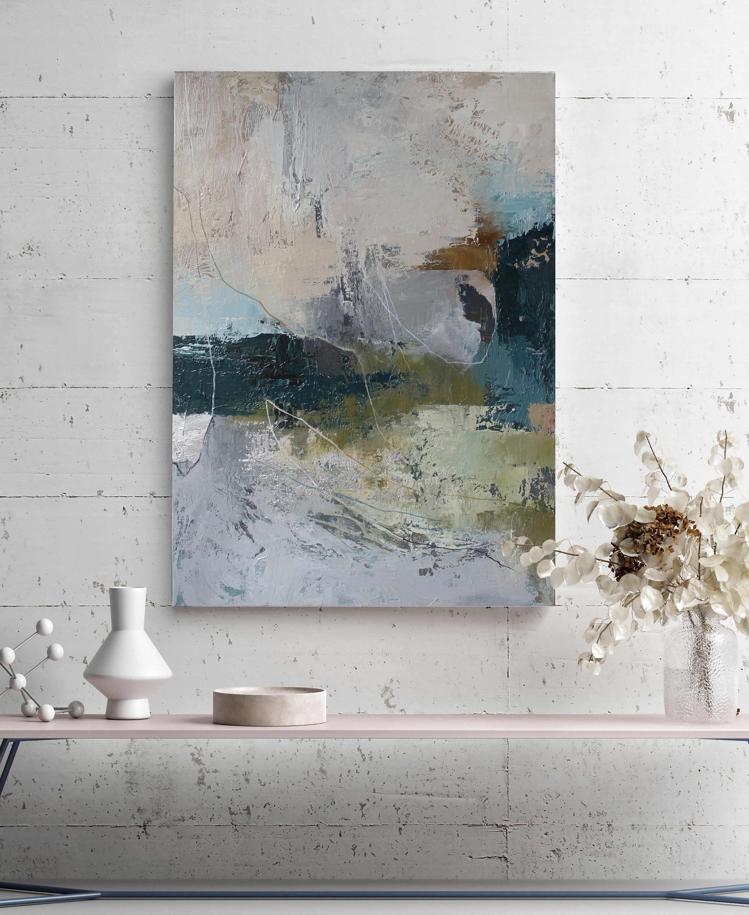Painting blue and green | Grey blue green art | Teal abstract | Gray brown blue green wall art | Wall art Green and teal paintings | Fall
