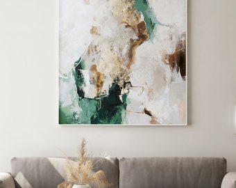 Peut inclure: Peinture abstraite avec des coups de pinceau verts, dorés et blancs. La peinture est encadrée dans un cadre blanc.
