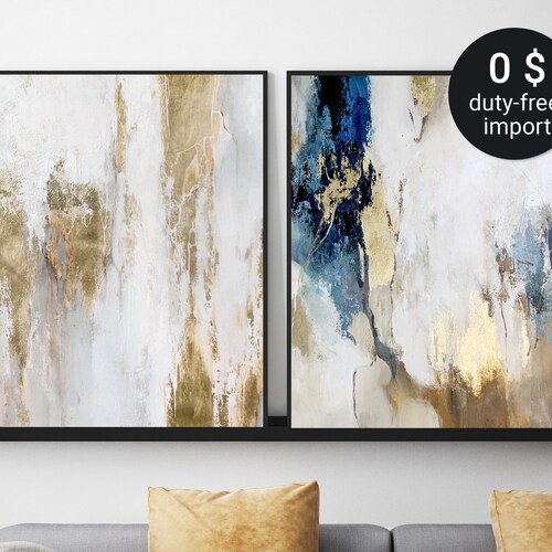 Original Modern Huge Acrylic Painting Abstract Blue Gold Beige - Etsy