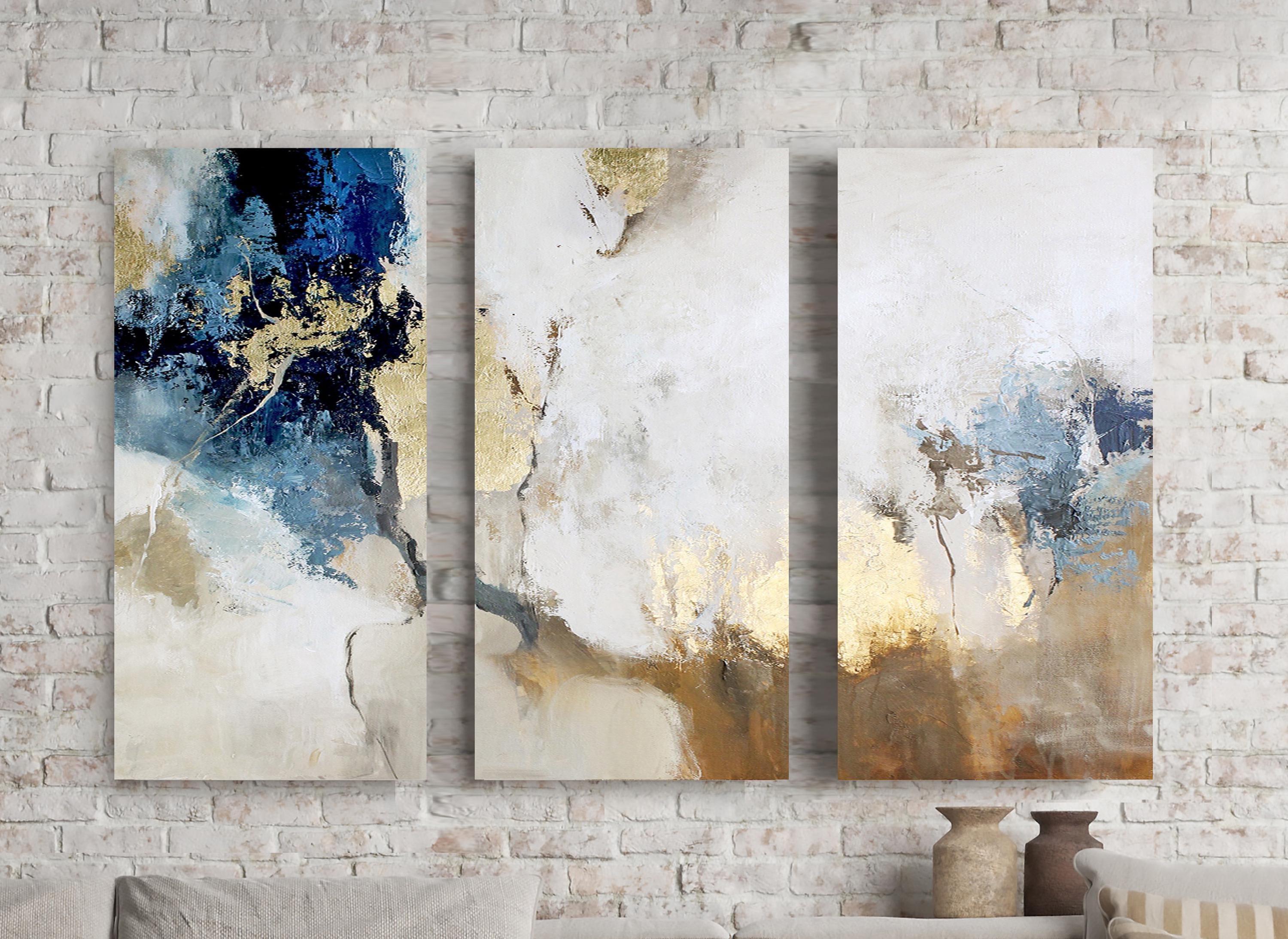 Cuadro abstracto azul / Cuadro azul y dorado / Tríptico de arte