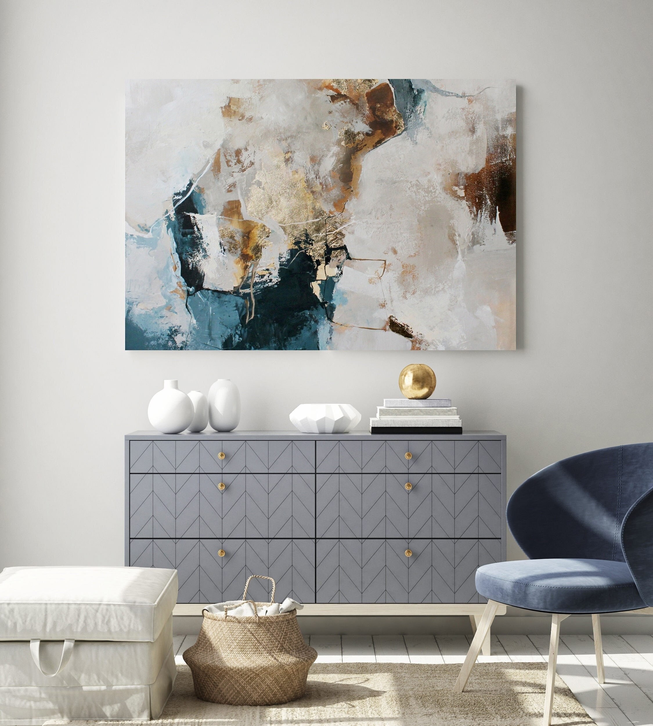 アクリル画 抽象 青と金 青と金の壁アート | 青の抽象画 | オリジナルの青の抽象画キャンバス