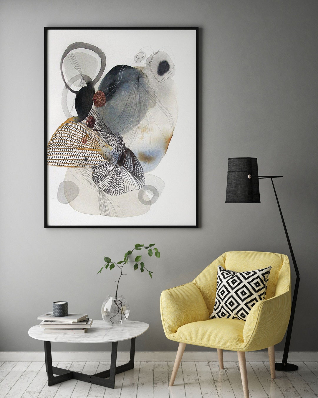 Abstraction Ink Blue Ink Wall Art Original Watercolor Painting