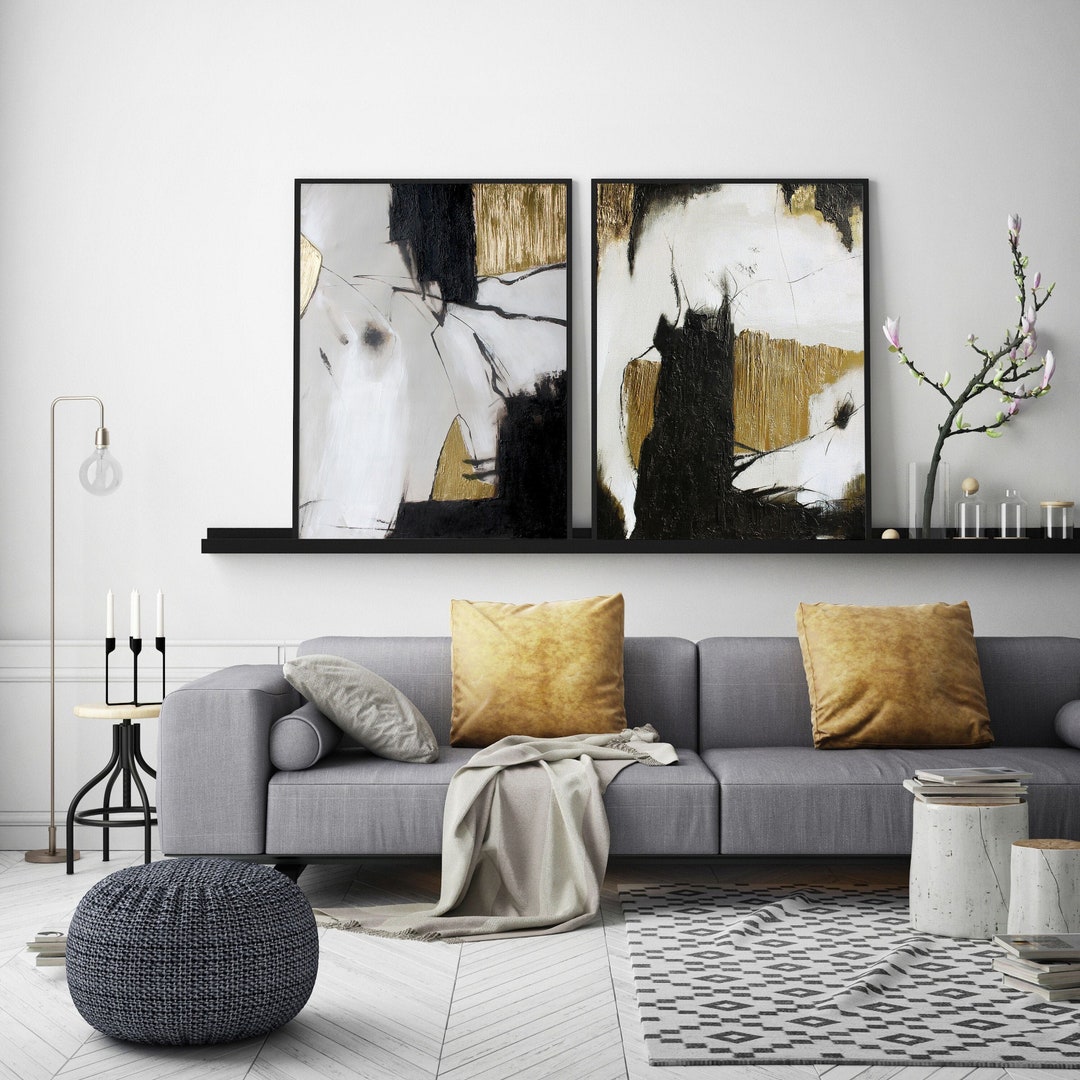 Black and Gold Abstract Acrylic Painting | Luxury Wall Art | Set of 2 ...