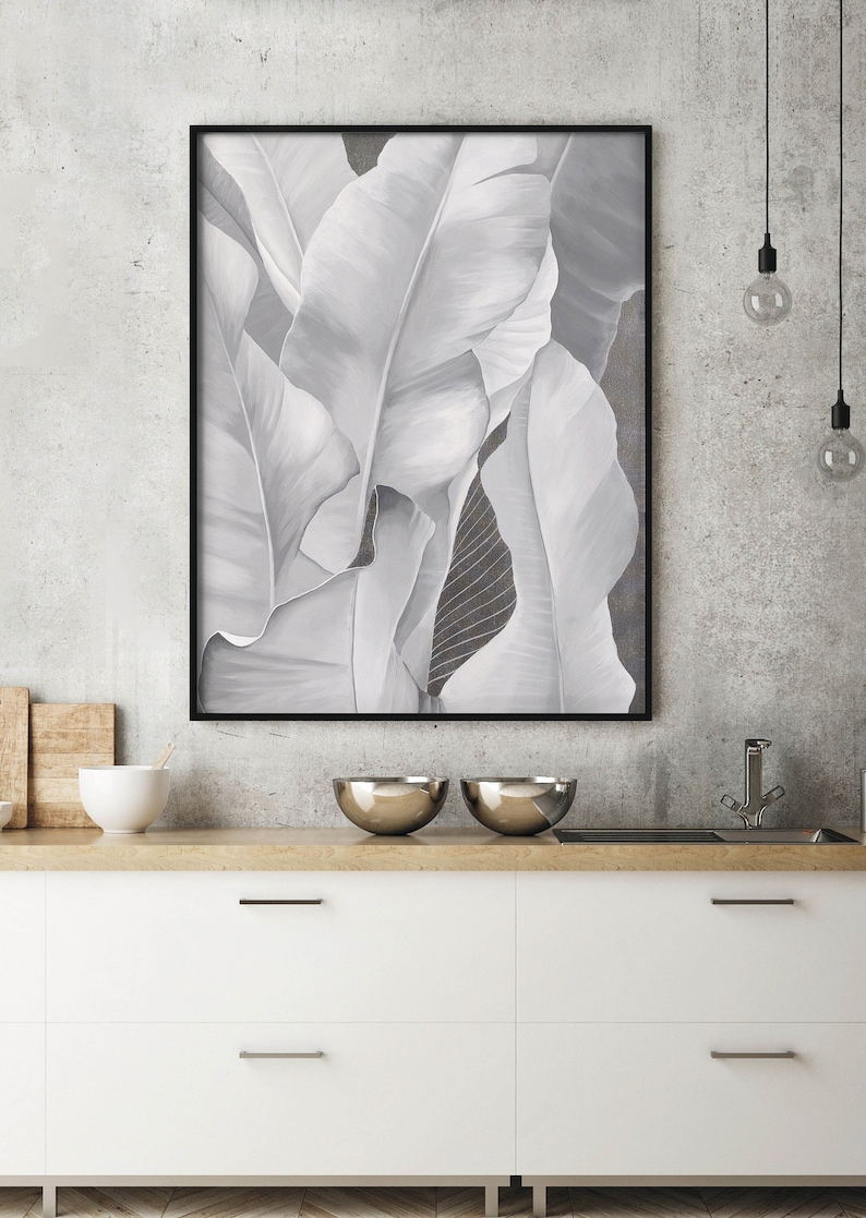 Silver Leaf Painting Banana Leaves Painting Wall Art Feather Painting