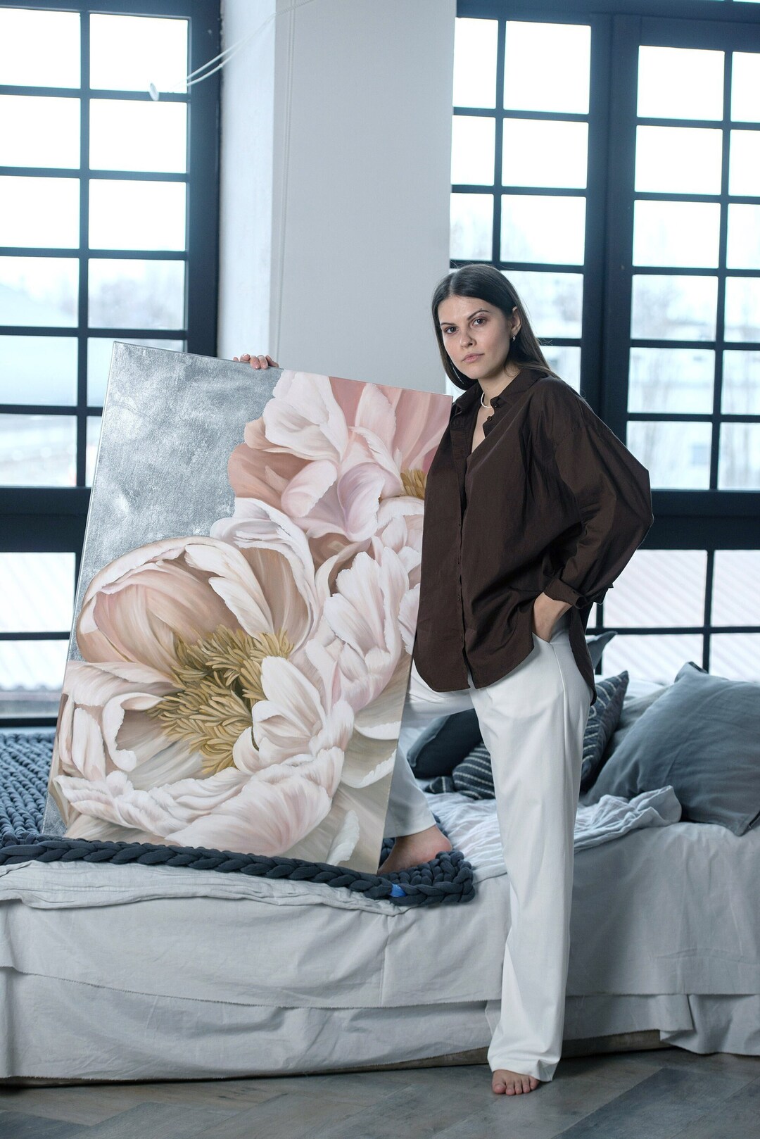 Large Floral Oil Painting | White Peony With Silver Leaf | Silk Flowers ...