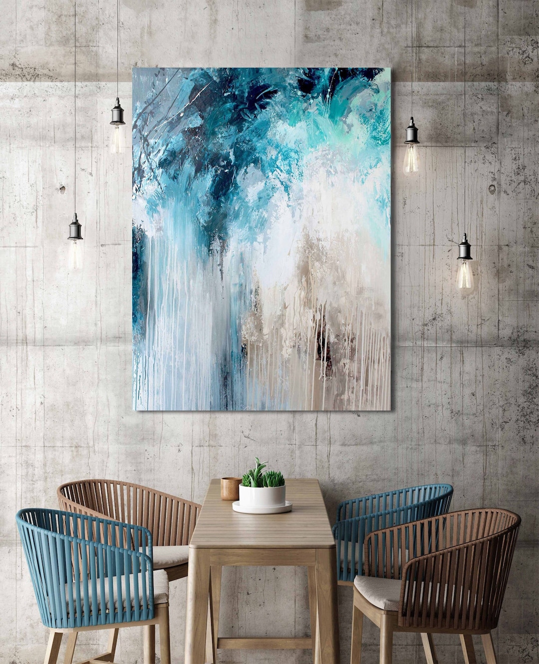Teal Blue Abstract Painting | Modern Vertical Canvas Art | Water ...