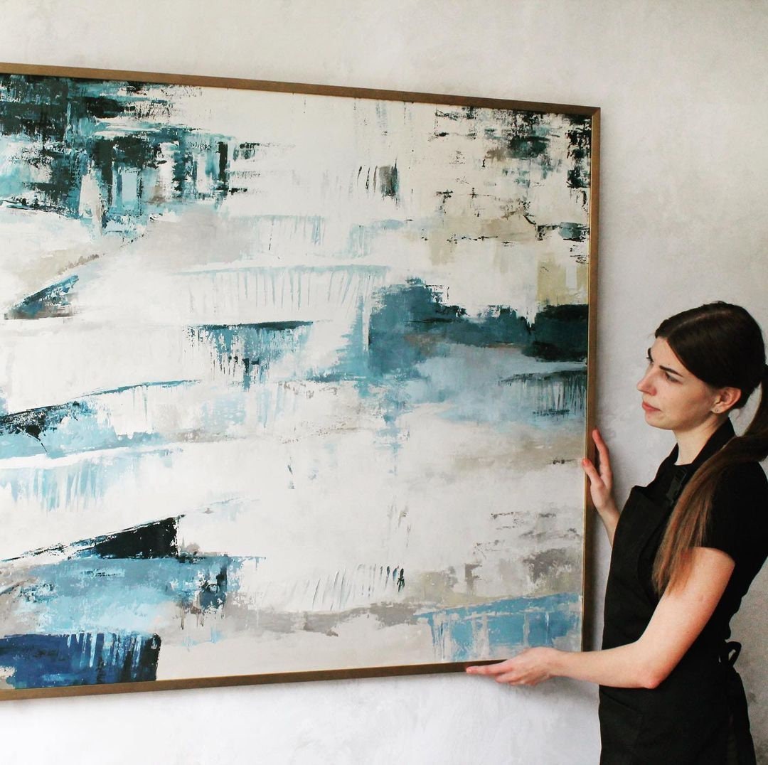 Large Teal Artwork Blue and White Canvas Wall Art Teal Etsy