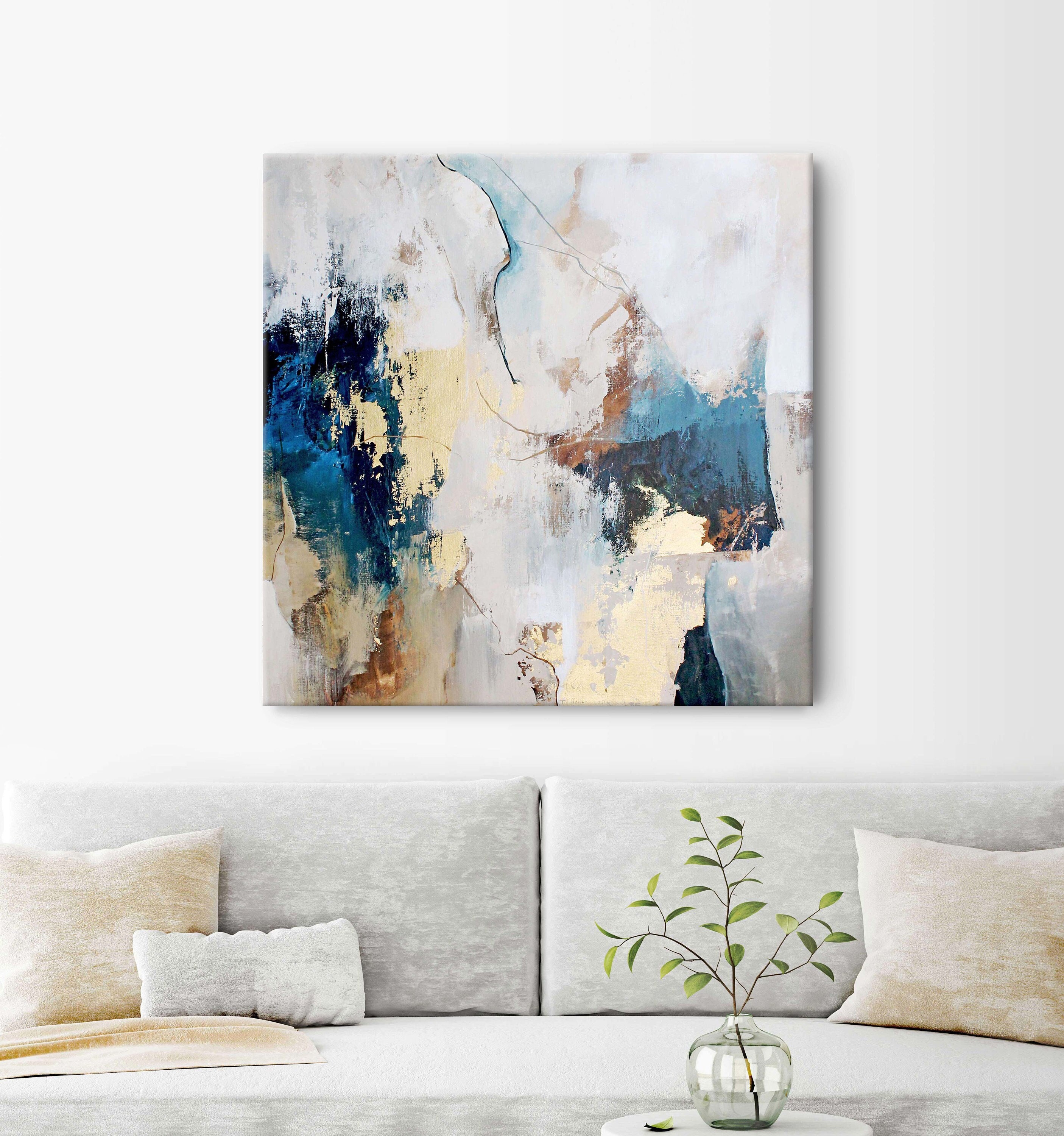 オリジナルの青と金の壁アート | 青と金の正方形の絵画 | キャンバス