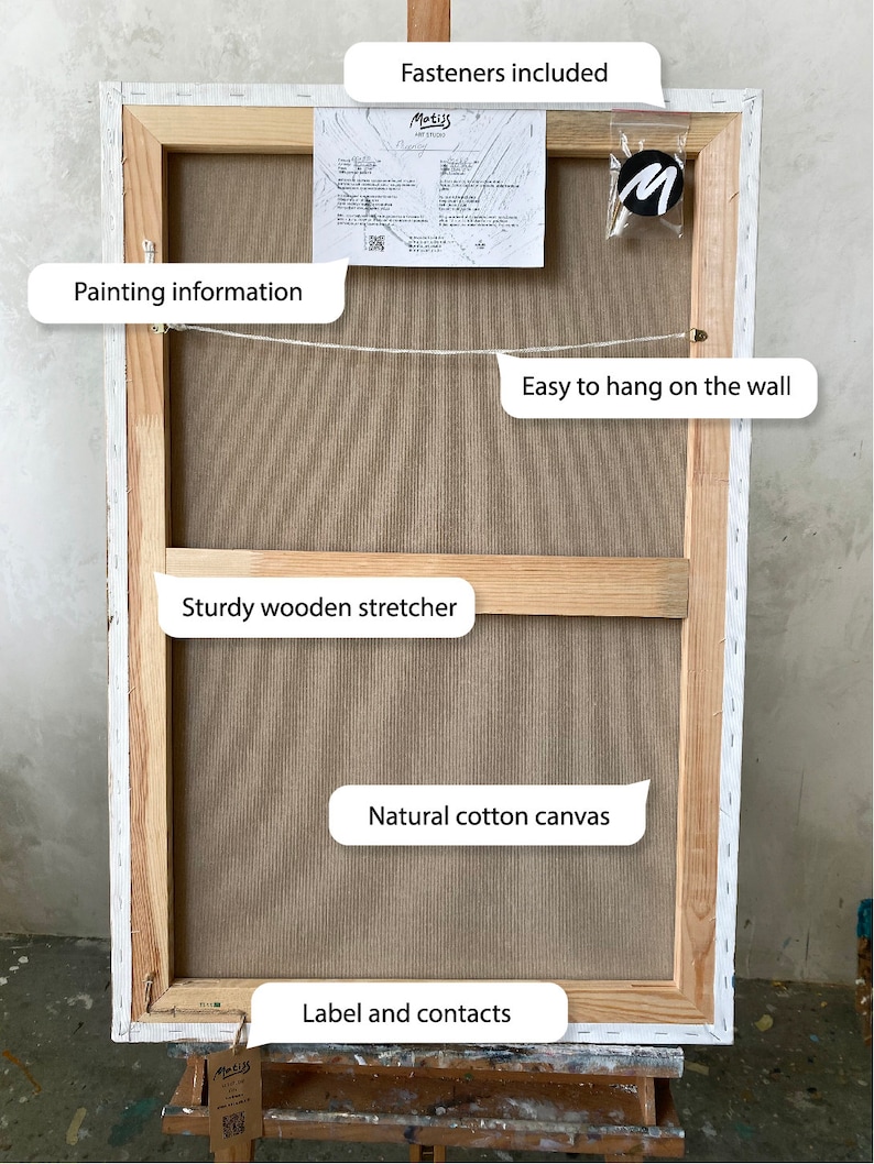 May include: The back of a stretched canvas painting with a wooden frame. The canvas is made of natural cotton and is attached to the frame with staples. The frame is white and has a label with the text "Motils Art Studio" and contact information. The painting is ready to hang with included fasteners.