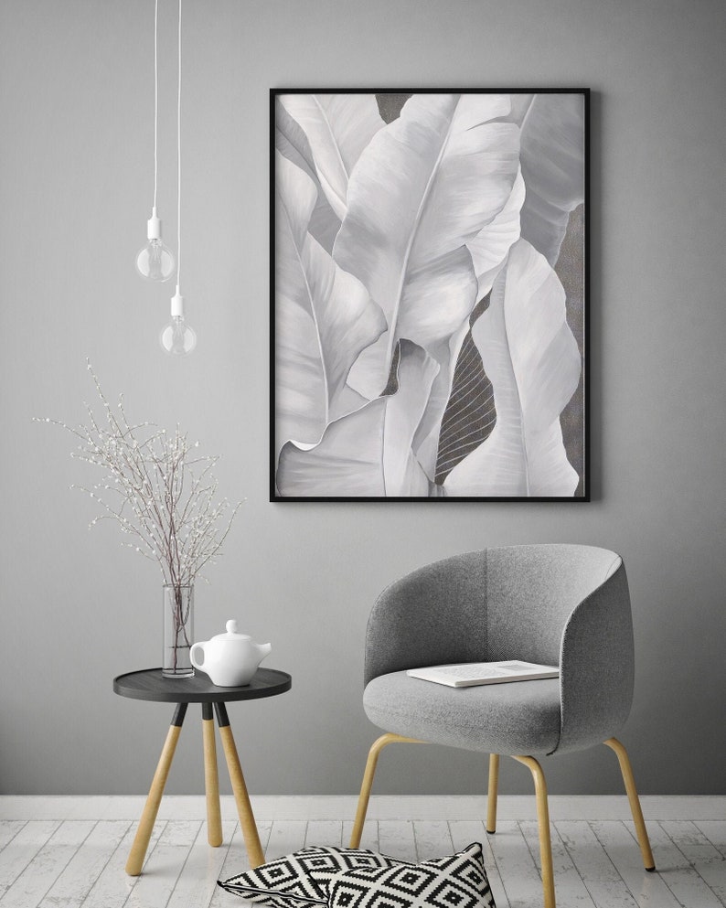 Silver Leaf Painting Banana Leaves Painting Wall Art Feather Painting