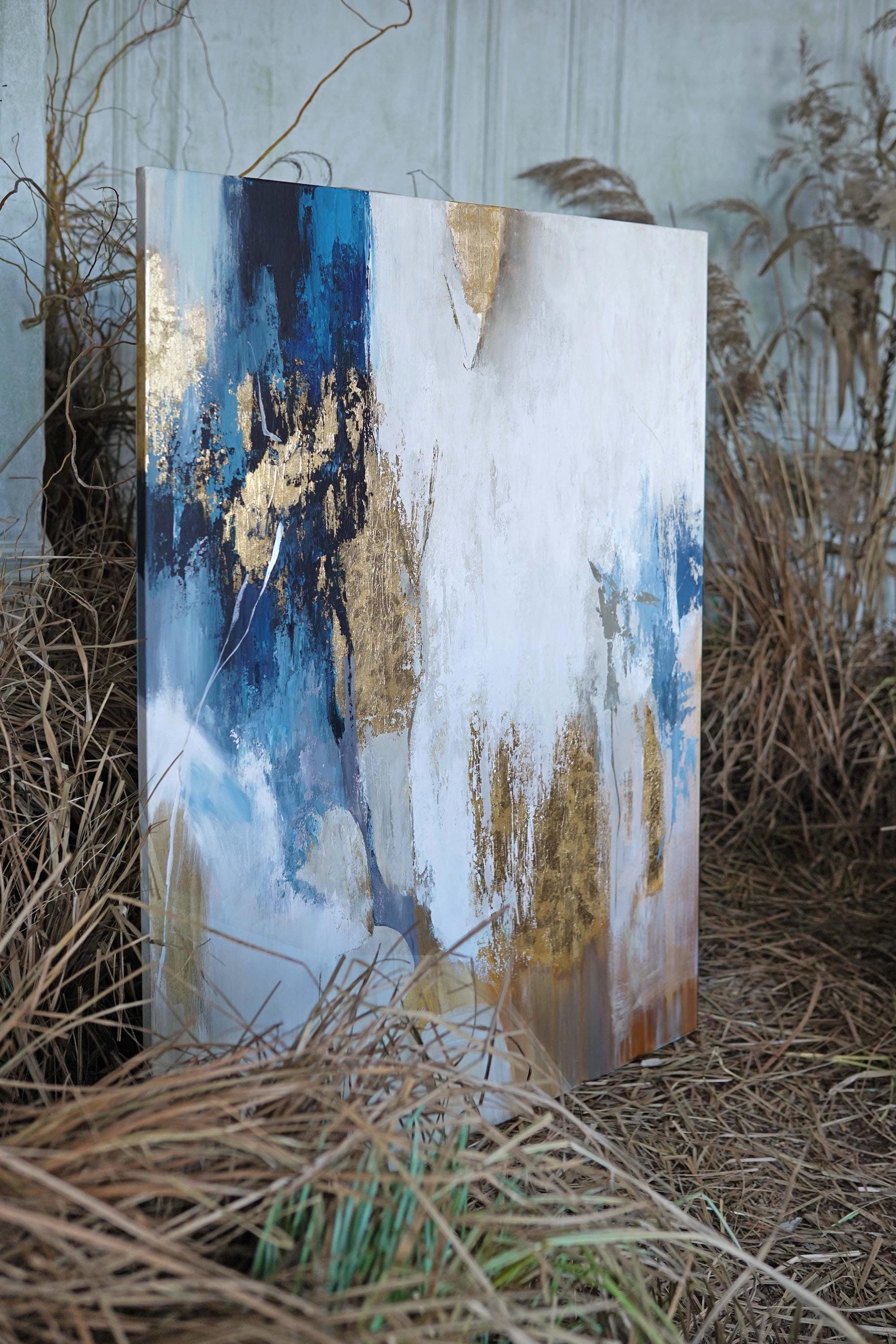 Original Modernes Großes Acrylgemälde Abstrakt Blau Gold Beige Grau Braun Weiß Leinwand Wanddekor gold blaue abstrakte Malerei Kunstwerk | Fließen