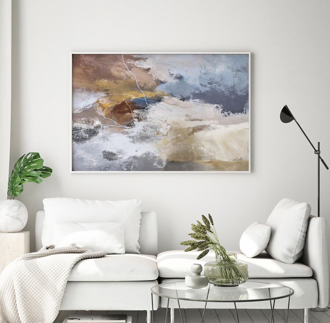 Painting Blue Silver Abstract Painting Blue Grey Horizontal Wall Art