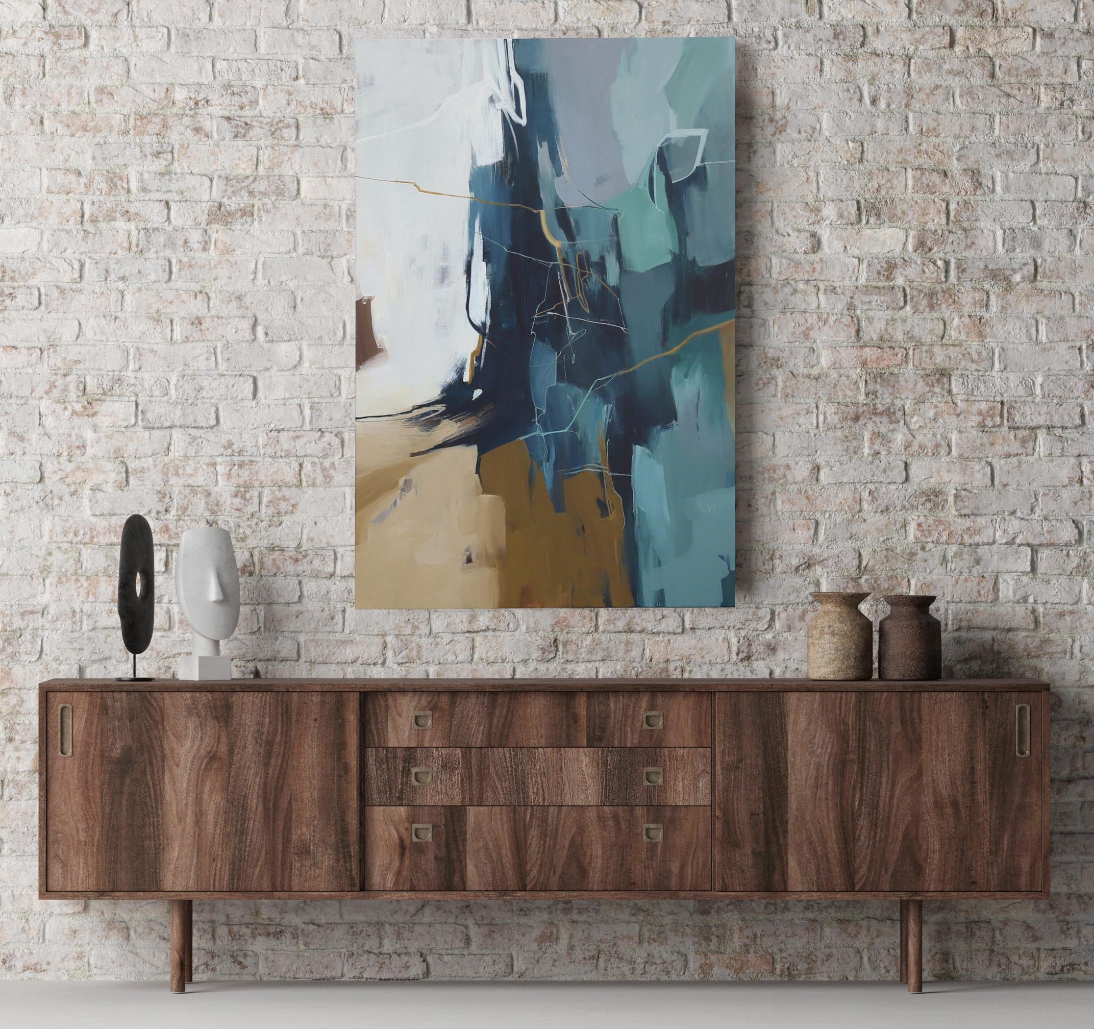Teal Abstract Painting | Original Canvas Art | Dark Teal Wall Art ...