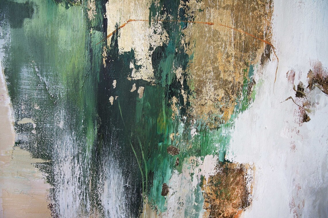 緑の抽象画 | 緑と金の絵画 | 緑と金の壁アート | エメラルドグリーン