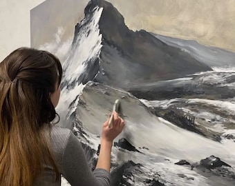 Pintura de montañas / Nepal / Pintura del Everest / Pintura al óleo de montañas / Pintura cuadrada en blanco y negro / Decoración de pared para el hogar / Pintura del Everest