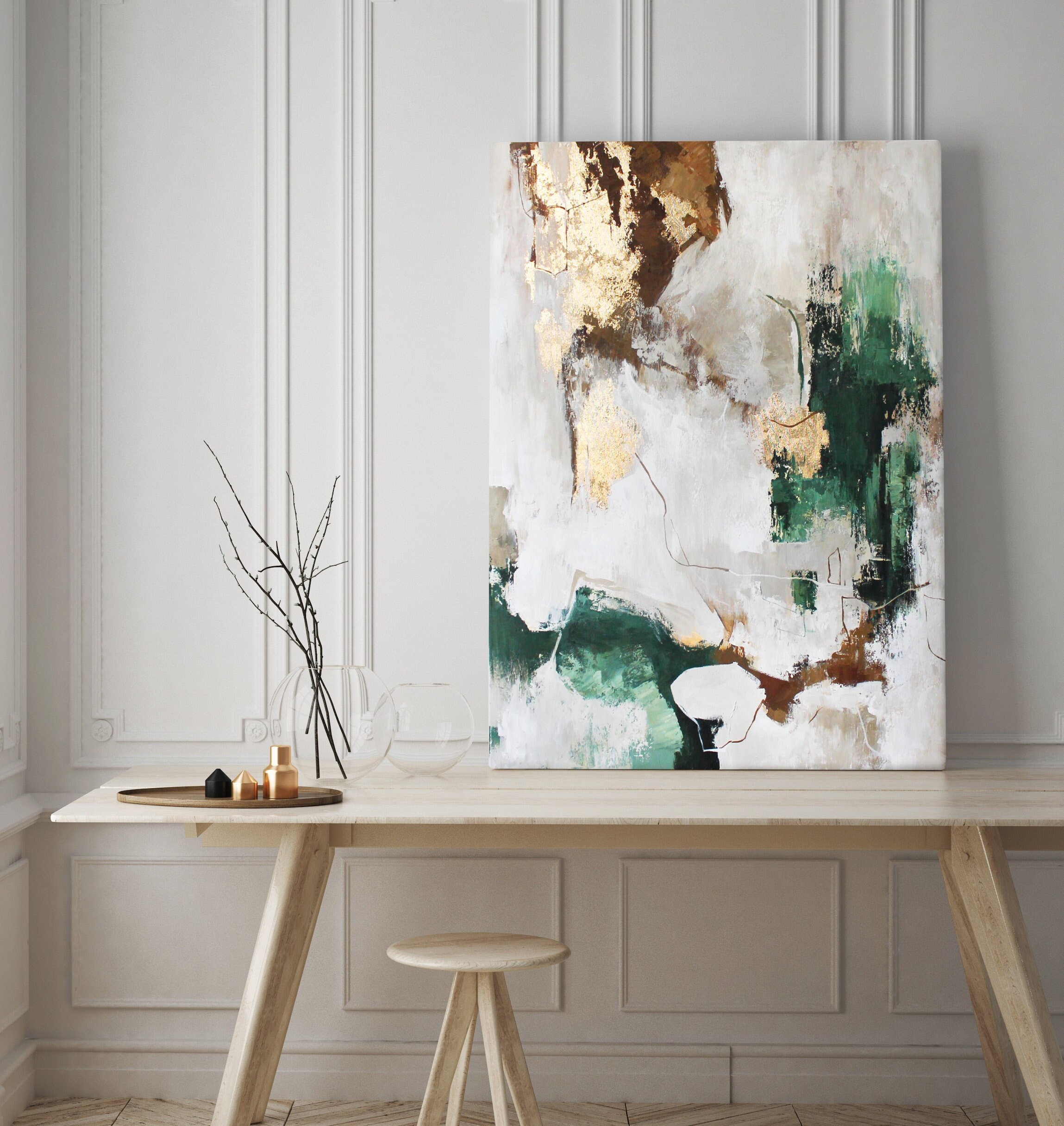 エメラルドグリーンとゴールドの抽象アクリル画 | オリジナル