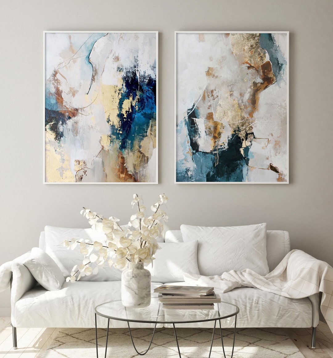 Blue and Gold Abstract Painting | Set of 2 Abstract Art | Blue Grey Set ...