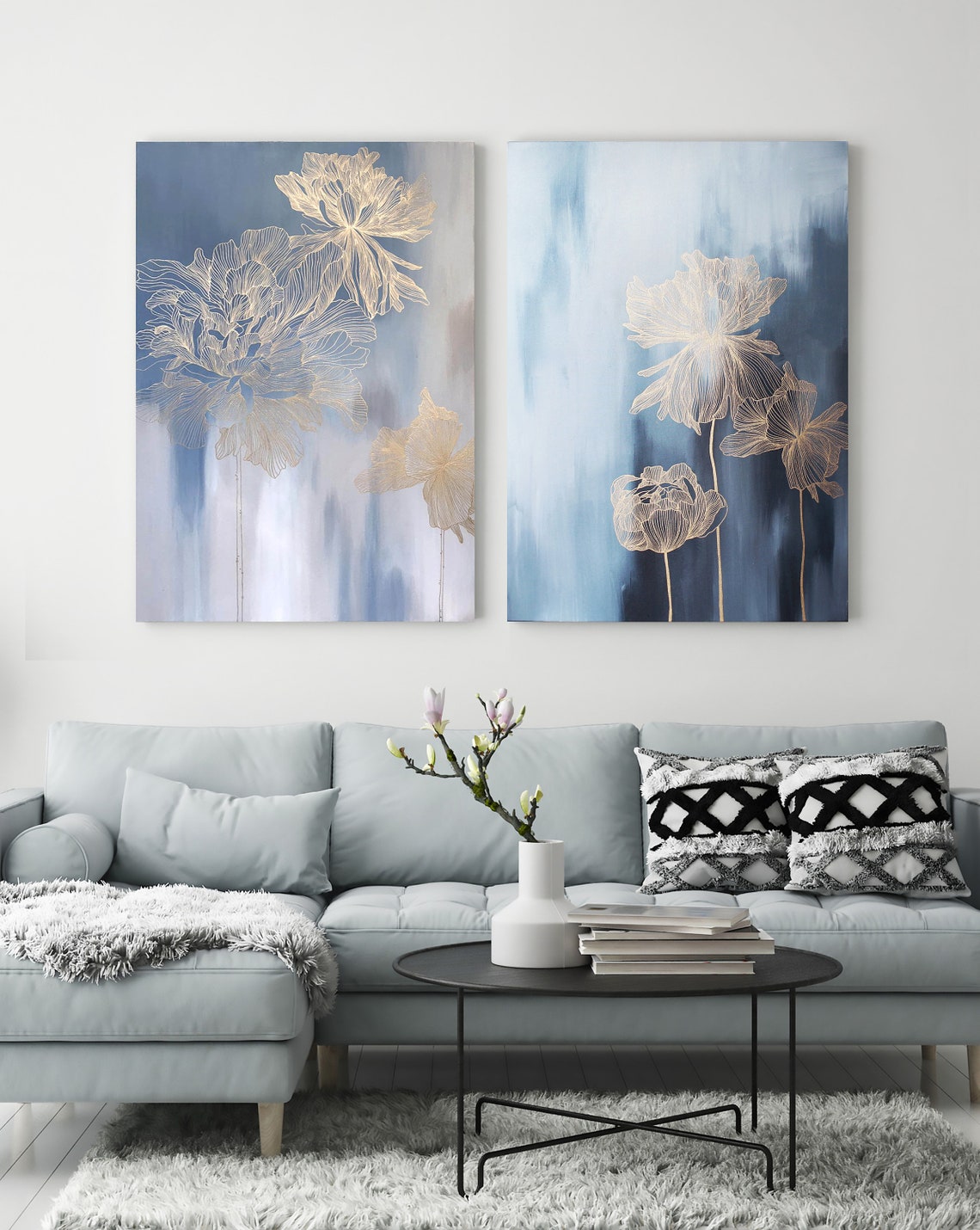 Light Blue Set of 2 Wall Art | Flowers Set | Gold Flowers Painting ...