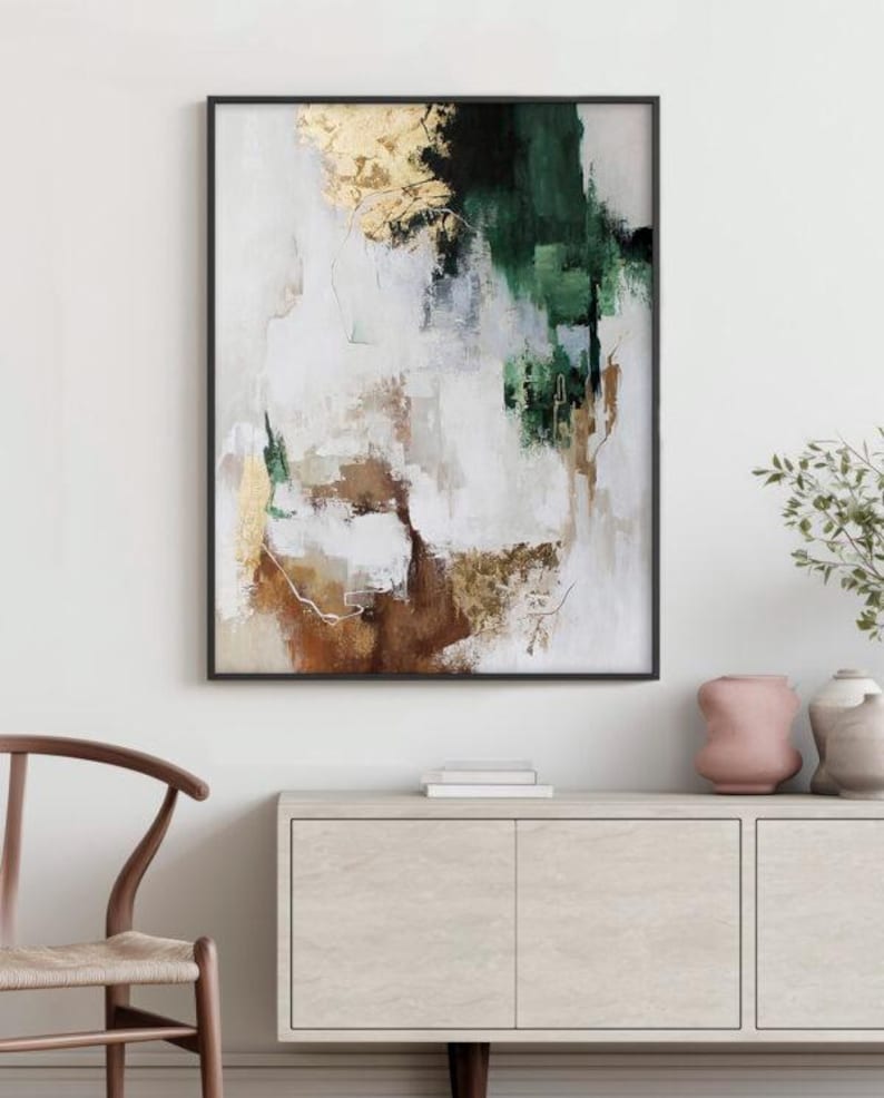 Green White and Gold Abstract Painting on Canvas | Original Modern ...