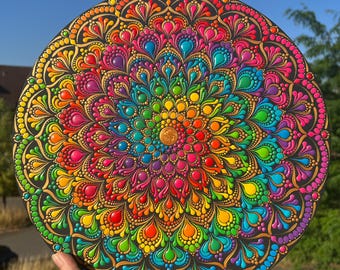 35 cm Mandala Painting Rainbow on Wood | Acrylic Painting | Hand-Painted Wall Hanging | Wall Decoration | Meditation | Mandala Art on Wood