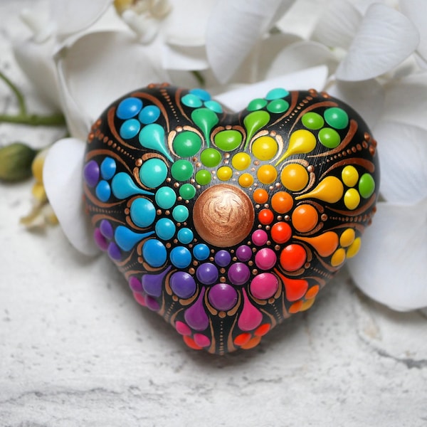 Mandala stone heart rainbow hand-painted, painted stones, decoration, dot art heart