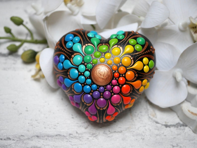 Mandala stone heart rainbow hand-painted, painted stones, decoration, dot art heart image 1