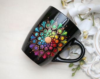 Rainbow mug hand painted | Coffee mug colorful | Mandala Coffee Mug | painted cups rainbow dot art | Gift mug hand painted