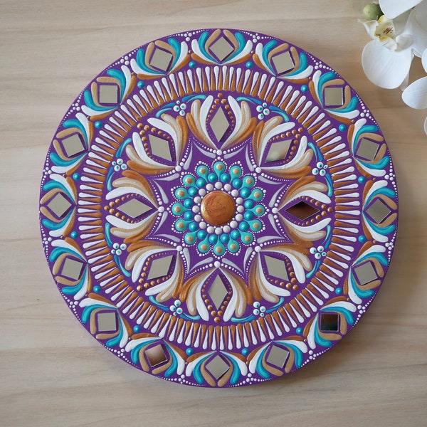 Mini mandala sur bois 20 cm avec miroirs | Tenture murale | Décor mural Dot Mandala | Bois de mandala | Décoration | méditation