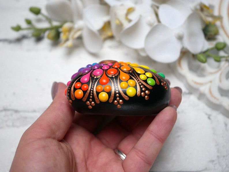 Mandala stone heart rainbow hand-painted, painted stones, decoration, dot art heart image 6