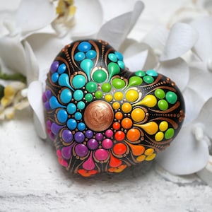 Mandala stone heart rainbow hand-painted, painted stones, decoration, dot art heart image 2