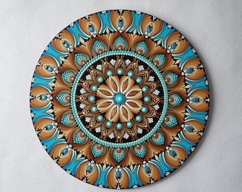 Mandala pintado a mano sobre madera | Lienzo de madera Pintura acrílica | Decoración del hogar | Obras de arte colgantes de pared | Arte boho sobre madera | Punto Art Mandala